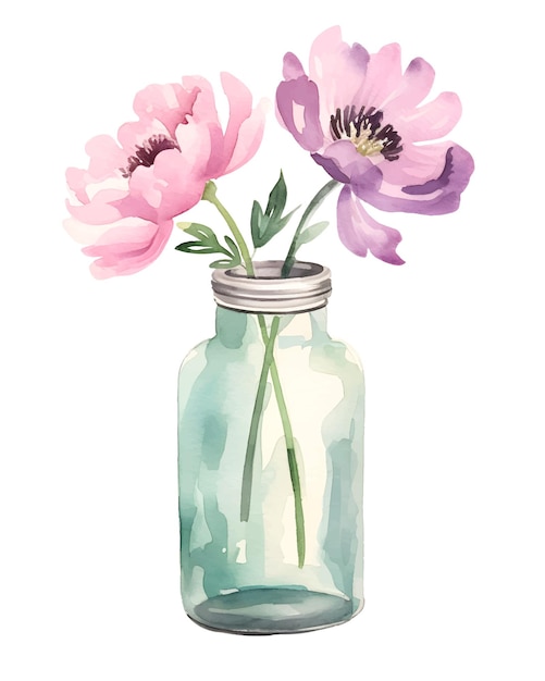 Flor em aquarela em ilustração de vaso