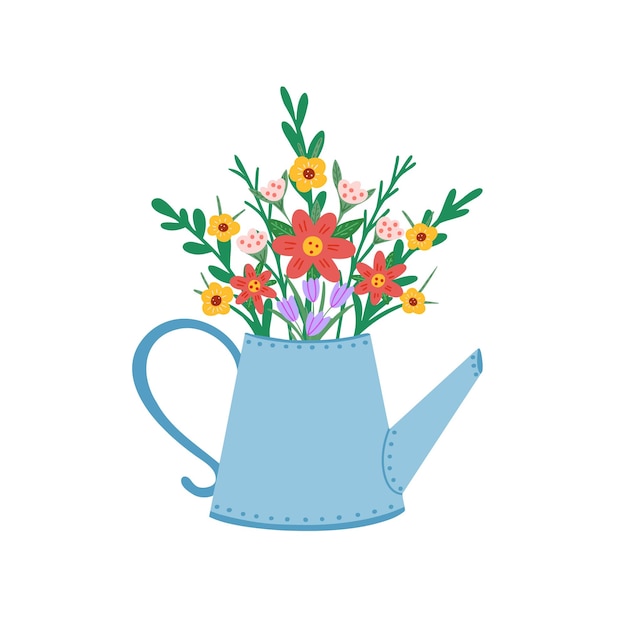 Flor em floração e água na lata Ilustração desenhada à mão