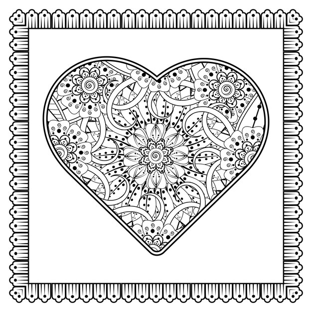 Flor mehndi com moldura em forma de coração em ornamento de doodle oriental étnico