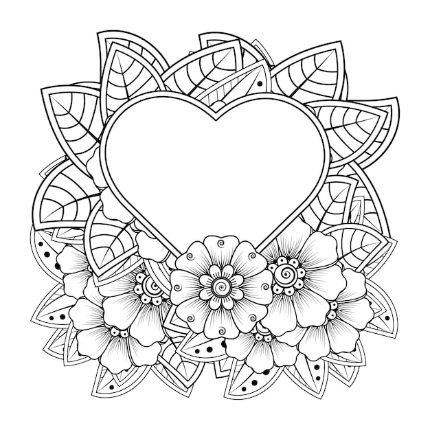 Flor mehndi com moldura em forma de coração no estilo oriental étnico.
