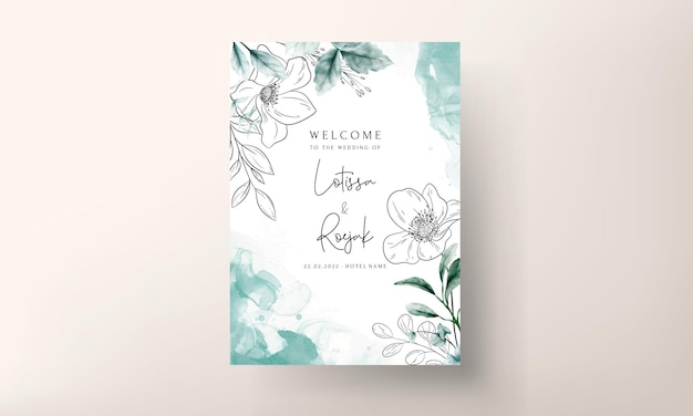 flor minimalista elegante com modelo de cartão de casamento em aquarela