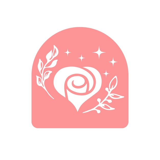 Flor rosa com design de emblema de design de logotipo de folha e ramo