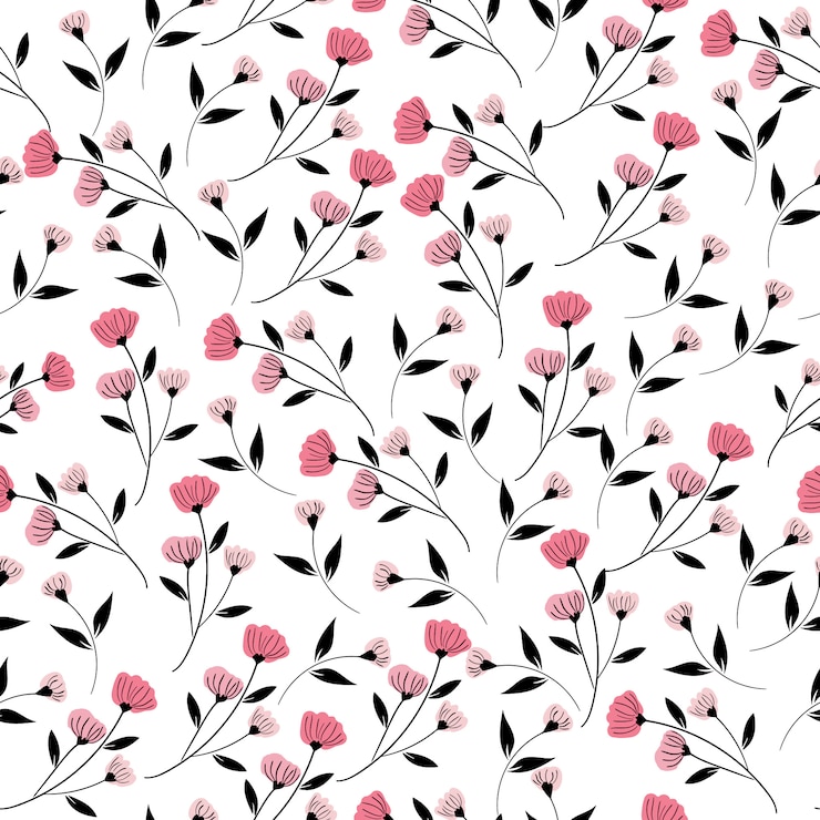 Vetor flor rosa e folhas pretas sem costura padrão