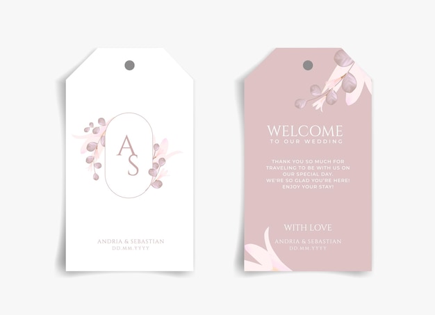 Flor rosa em cartão de presente de casamento rosa e branco ou cartão de agradecimento etiqueta de casamento etiqueta de presente com frente