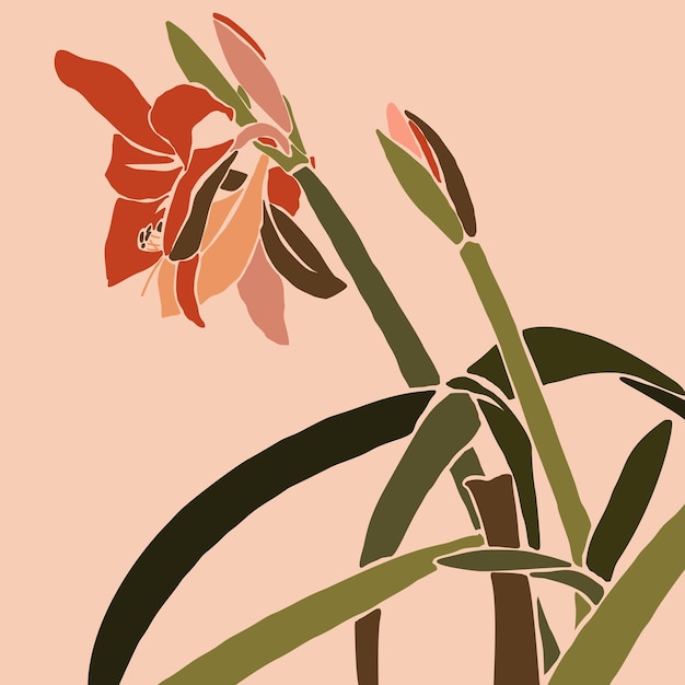 Vetor flor vermelha de amaryllis em um estilo minimalista da moda. silhueta de uma planta em um estilo abstrato simples contemporâneo. colagem de ilustração vetorial. para impressão de camisetas, cartão, pôster, postagem em mídia social