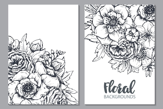 Floral com flores da primavera desenhadas à mão e plantas no estilo de desenho.