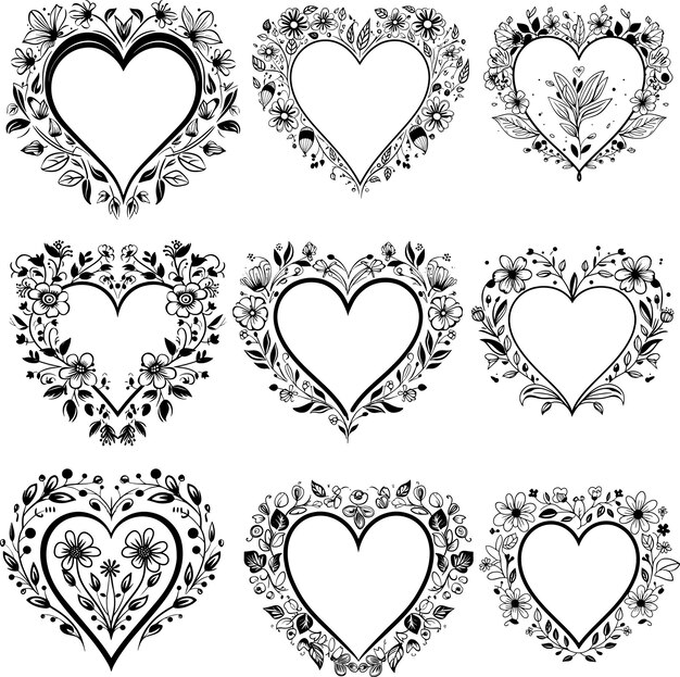 Floral coração flor linha de coração arte silhueta coleção preto e branco