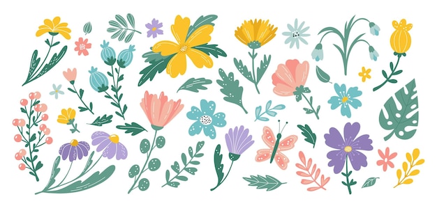Flores abstratas bonitas flor de tulipa bouquet de pintura botânica escandinava com folhagem motivo de camomila decoração floral infantil coleção decorativa de estilo Doodle conjunto de ilustrações vetoriais