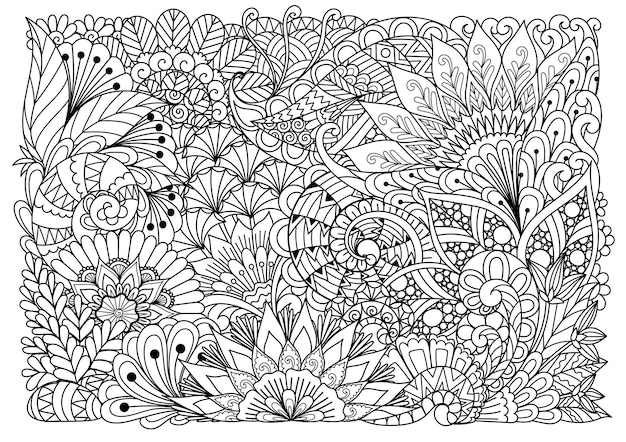 Linha arte abstrata de flor para plano de fundo, ilustração de livro para colorir  adulto