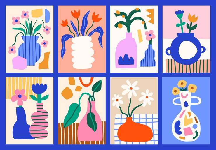 Flores abstratas recortadas em estampas de vasos Cartazes vetoriais abstratos modernos Ilustração de estilo de corte de papel