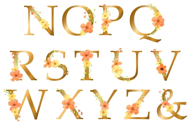 Flores amarelas e laranja e alfabeto de folhas com ornamento de aquarela de cor dourada nz