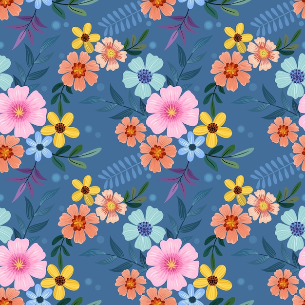 Flores coloridas desabrochando em fundo de cor azul sem costura padrão para papel de parede têxtil de tecido