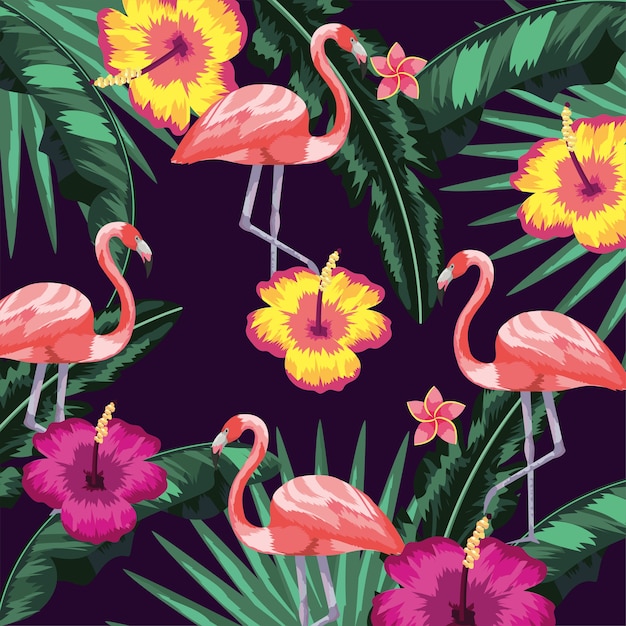 Flores com flamingos e folhas fundo de plantas