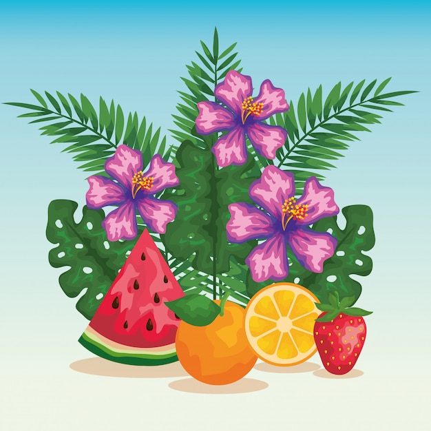 Flores com frutas exóticas e folhas tropicais