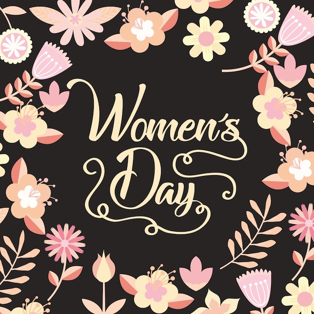 Flores cor-de-rosa e folhas decoração dia das mulheres fundo escuro do cartão