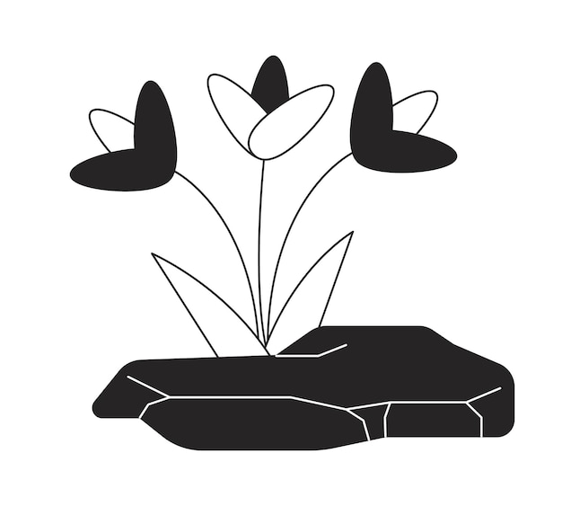 Flores crescendo na rocha objeto de desenho animado em linha 2d preto e branco