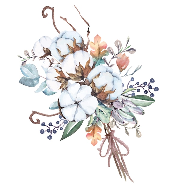 Flores de algodão de composição em aquarela desenhadas à mão para decorar cartões de convite em estilo vintage