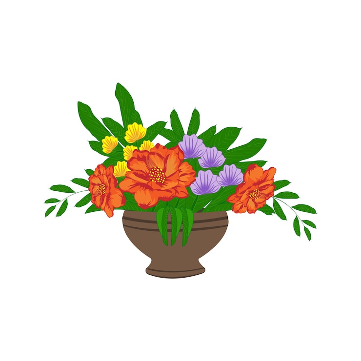 Vetor flores de amor-perfeito rosa e amarelo vermelho em uma panela isolada em um fundo branco ilustração vetorial