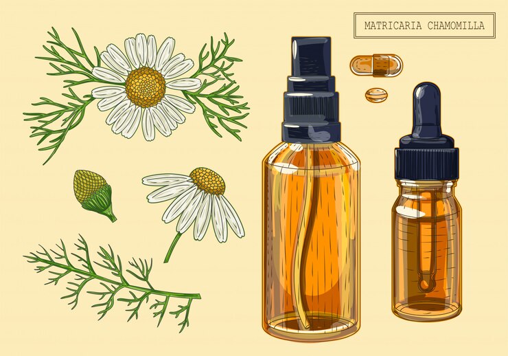 Vetor flores de camomila e conta-gotas e pulverizador