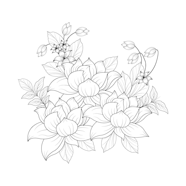 Flores de hibisco desenhadas à mão com folhas isoladas em fundo branco ilustração vetorial design gráfico