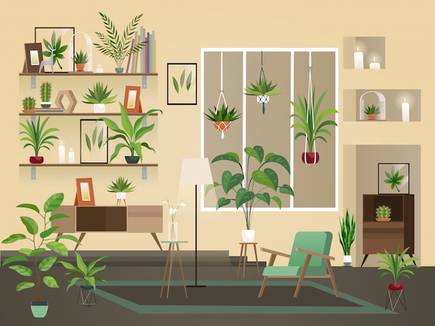 Flores de interior no quarto. Interior de casa urbano, sala de estar com plantas, cadeiras e vaso