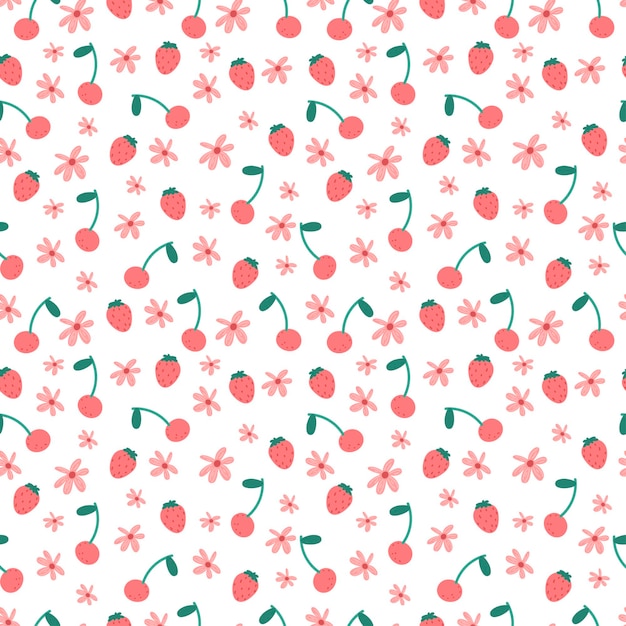 Vetor flores de morango cereja padrão sem emenda de verão frutas de frutas de verão deixa flores fundo fresco ilustração vetorial para fundo de textura de papel de parede tropical de cobertura de primavera