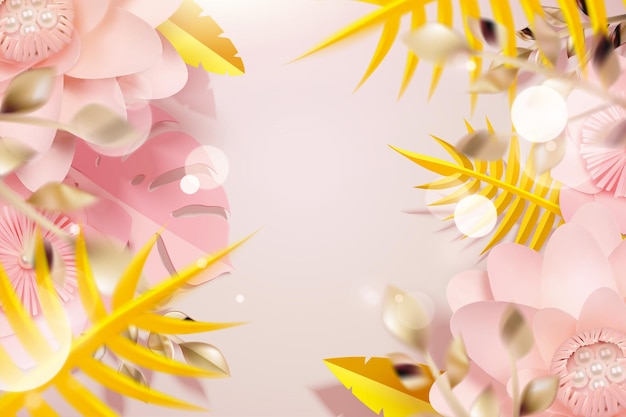 Flores de papel e folhas tropicais em 3d