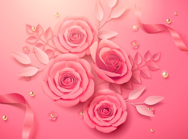 Vetor flores de papel rosa e fitas na ilustração 3d