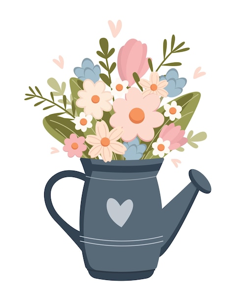 Flores de primavera em uma lata de irrigação metálica isolada em fundo branco Bouquet de primavera V