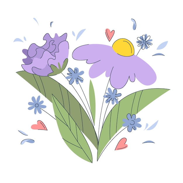 Flores de primavera fofas com pequenas margaridas com folhas em tons pastel flores de primavera roxas e azuis em fundo branco linda ilustração vetorial de flores conceito de primavera