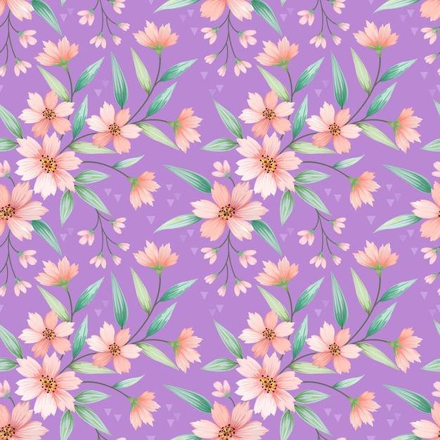 Flores desabrochando com folha verde no padrão sem costura de fundo de cor violeta