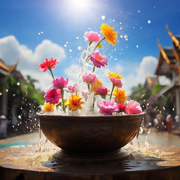 Vetor flores do festival de songkran na tailândia em uma tigela de água