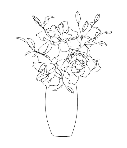 Flores do ramalhete em linhas pretas de vaso isoladas no fundo branco. - ilustração vetorial