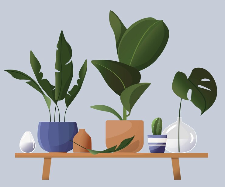 Vetor flores domésticas em vasos. bela ilustração em estilo escandinavo. folhas tropicais, vasos, vasos, estande de flores. desenho em estilo simples de desenho animado