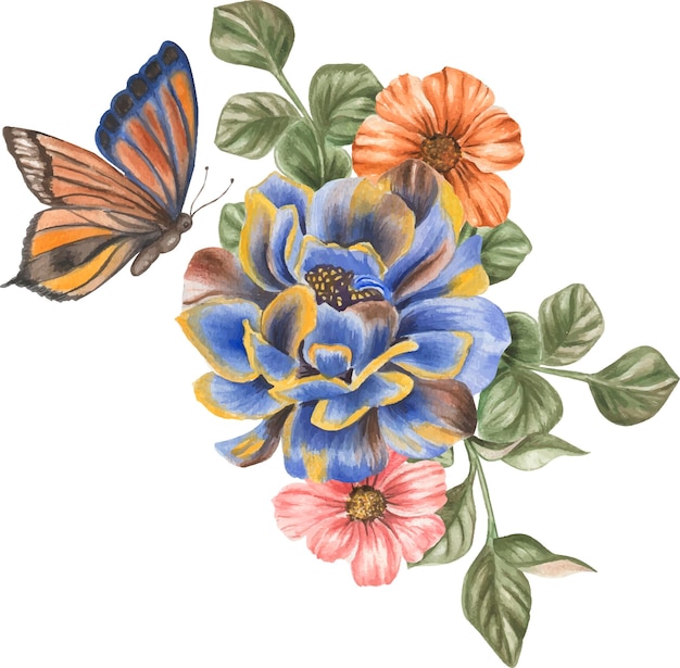 Flores e borboletas da composição da ilustração da aquarela