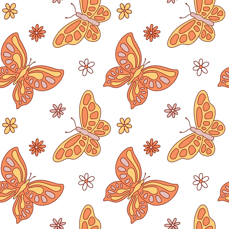 Vetor flores e borboletas groovy do verão retrô hippie. padrão sem emenda de vetor