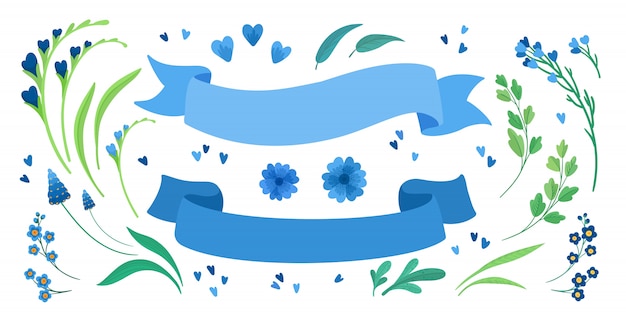 Flores e conjunto de ilustrações plana de fitas vazias. florescendo flores silvestres prado, folhas verdes e corações saudação, pacote de elementos de design de cartão de convite. decorações isoladas em branco listras azuis