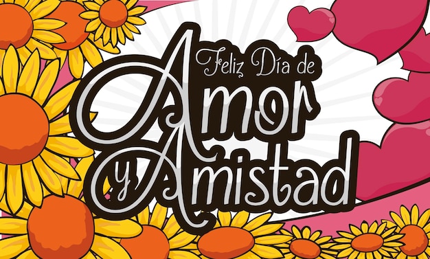 Vetor flores e corações de margaridas amarelas para celebrar o dia do amor e da amizade escrito em espanhol