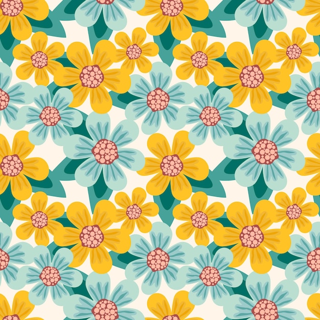 Vetor flores e folhas de design floral padrão em fundo azul brilhante