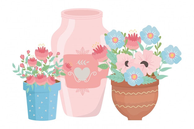Vetor flores e folhas dentro de vasos