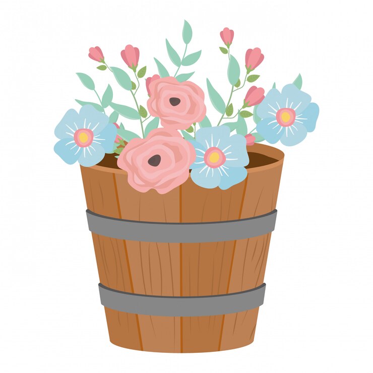 Vetor flores e folhas dentro do barril