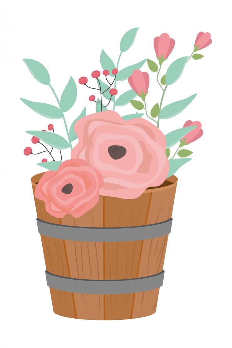 Vetor flores e folhas dentro do barril