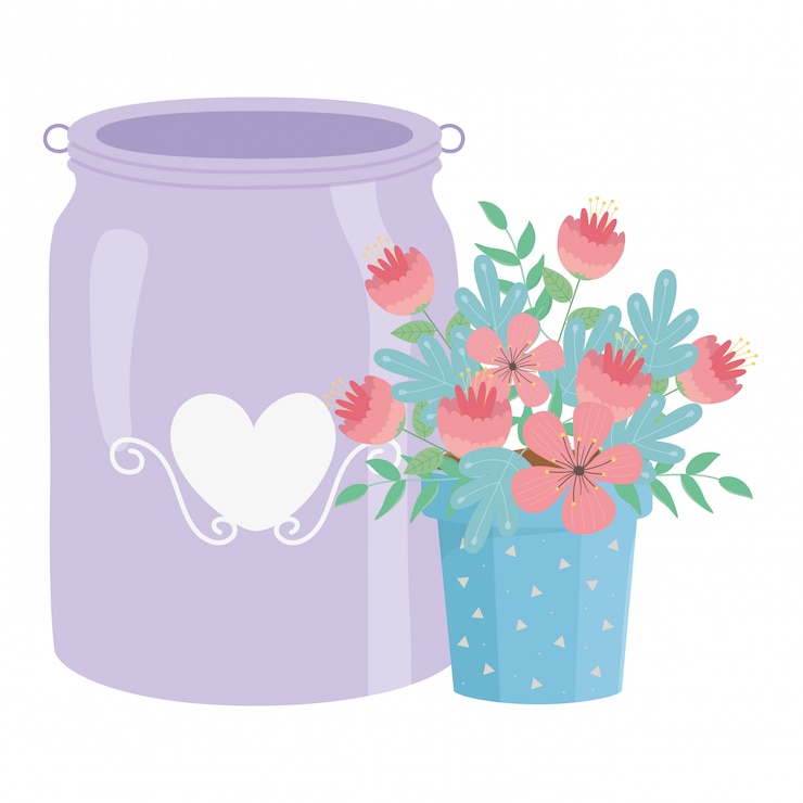 Vetor flores e folhas dentro do pote