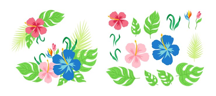 Vetor flores e folhas do buquê tropical. cartão de desenho animado havaiano. composição plana floral para convite ou férias. monstera, coleção de palmeiras e flores silvestres. selva exótica desenhada de mão.