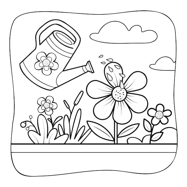 Flores e regador preto e branco livro para colorir ou página para colorir para crianças fundo da natureza