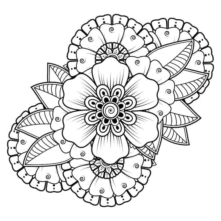 Vetor flores em arte doodle preto e branco para livro de colorir