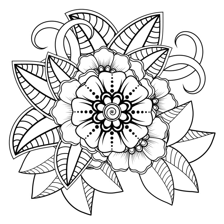 Vetor flores em arte doodle preto e branco para livro de colorir