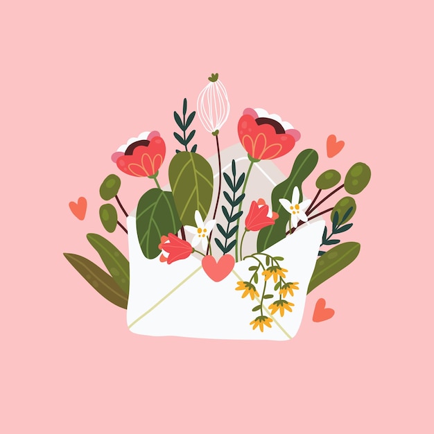 Flores em um envelope. Correio floral. Feliz Dia dos namorados