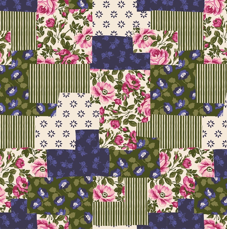 Vetor flores étnicas paisley e motivos geométricos tecido patchwork padrão sem costura vetorial abstrato