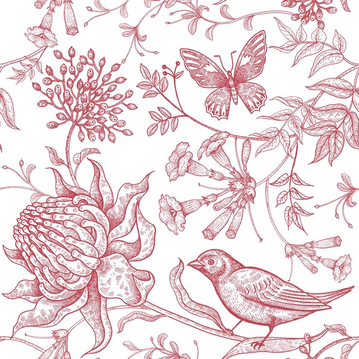 Flores exóticas, borboletas e pássaros Padrão floral vetor sem costura Vintage